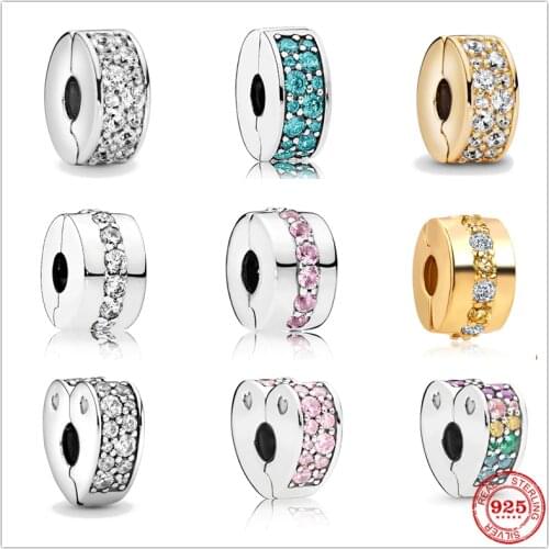Neastamor 925 Sterling Silver Clear Pink Pavé Clip Charms Beads Fit Original Pandora Bracelet DIY Jewelry For Women Gift Making