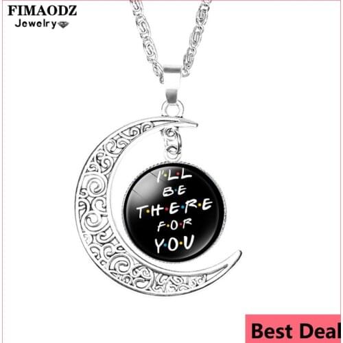 FIMAODZ Friends TV Show Necklace I Will Be There For You Cartoon Print Glass Cabochon Moon Pendant Chain Necklaces for Friend