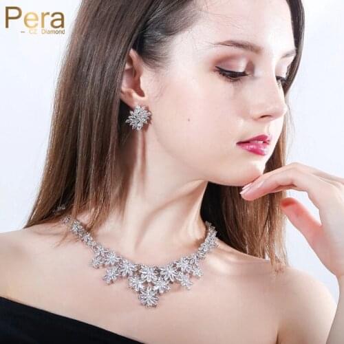 Pera Shinning AAA+ Marquise Shape Cubic Zirconia Big Heavy Flower Drop Pendant Necklace And Earrings Set For Bridal Wedding J270