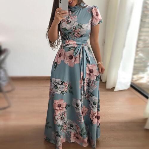 BBYES Autumn Fashion Floral Print Belt Stand Collar Short Sleeve Long Dress Vintage Maxi DressCasual Party Dresses Vestidos