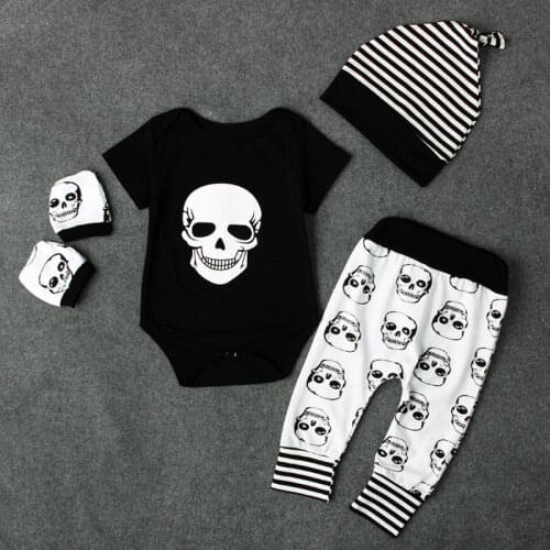 Pudcoco Boy Clothes 0M-18M AU Newborn Kids Baby Boy Skull Outfits Clothes Tops+Long Pants Hat 4pcs Set