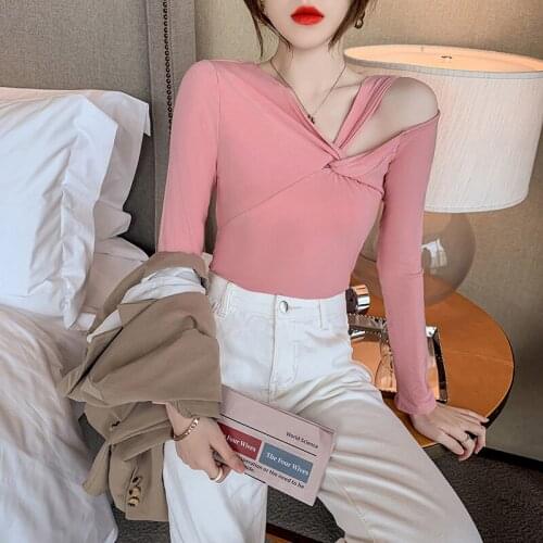 WWENN 2021 Women Cotton Hollow Out Sexy Tshirt Bandage Long Sleeve Off Shoulder Tops Harajuku Slim Bodycon Streetwear Tees