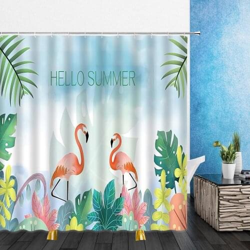 Cartoons Animal Shower Curtains Pink Flamingo Green Plants 3D Print Bathroom Home Decor Waterproof Polyester Cloth Curtain