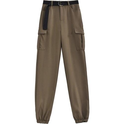 Zoki Spring Cargo Women Pants High Waist Belt Plus Size Loose Ladies Harem Pants Casual Korean Fashion Full Length Trousers 2021