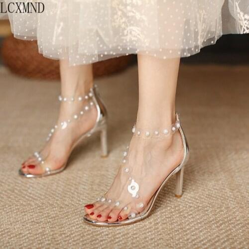 High Quality Womens Sandal 2021 Summer Pearl Transparent Strap Back Zipper Sandals with Stiletto Heels for Women