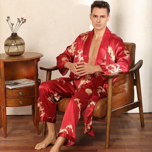 Two-piece Robe Pants Pajama Set Long Sleeve Nightgown Men Kimono Silky Robe Bathrobe For Male Sleepwear Bath Robe Sleep Wear