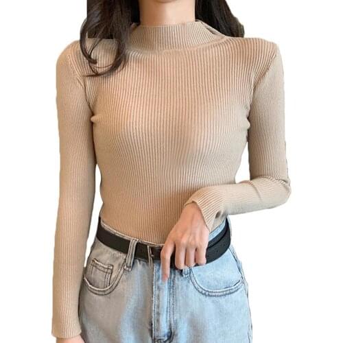 Women Solid Color Knitwear Long Sleeve Mock Neck Ribbed Slim Sweater Blouse