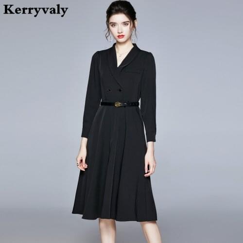 Autumn High Waist Black Brazers Office Dress Women Long Sleeve Business Ladies Dress Belt Included Vestido Branco K8641