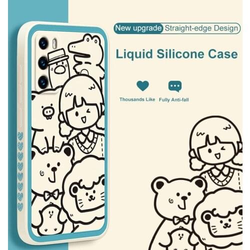 ASINA Liquid Silicone Case For Huawei P40 P30 P20 Pro Cover Cartoon Bumper Straight Edge Cases For Nova 3i 4 5t 6 7 Couple Capa