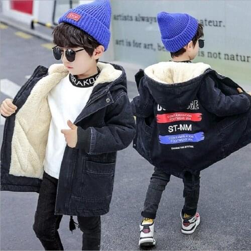 Winter Childrens Clothing Winter Boy Coat For Kids Hooded Thicken Warm Plus Velvet Long Denim Jacket Childrens Coat For 3-13Y