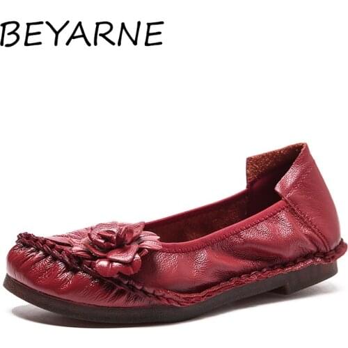 BEYARNE Retro Genuine Leather Flat Shoes for Ladies Hand-stitched Soft Leather Loafers Female Casual Shoes Solid Vintage Women
