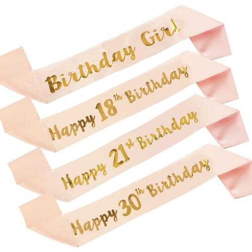 1Pc Rose Gold Happy Birthday Satin Ribbon Sash 18th 21st 30th 40th 50th Birthday Sash For Women Girl Birthday Party Decorations