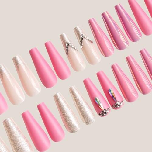 24/30Pcs False Nails with Butterfly Rhinestone Designs Press on Nails Long Coffin Fake Nails Manicure Nail Art Tips with Glue