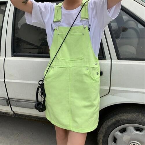 2021 New Fashion Summer Casual Womens Denim Braces Dress Baggy Fruit Green Solid Color Youth Vitality Girl Student Short Skirt