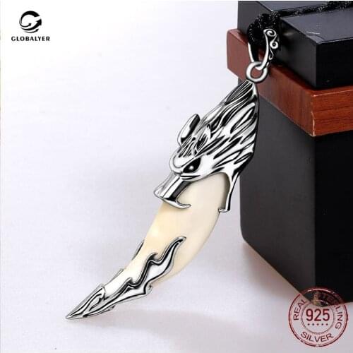 Wolf tooth necklace S925 silver male obsidian pendant Natal Thai silver necklace pendant Silver wolf head real tooth 038