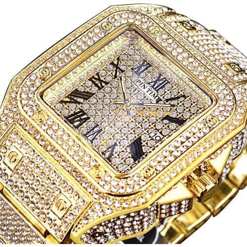 Pin Time Diamond Men Quartz Wristwatches Luxury Golden Mens Analog Watch With Calendar Stainless Steel Waterproof Clock 2021 New