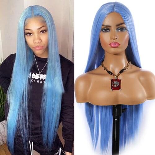 Silky Long Straight Synthetic Hair Wigs Light Blue Cosplay Party Heat Resistant Fiber Full Machine Made Wigs for Black Women