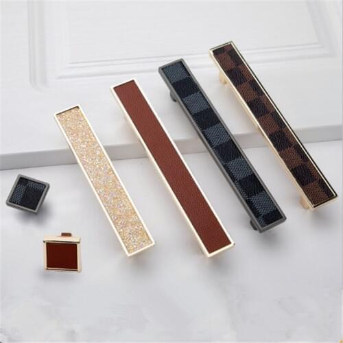 Light luxury wardrobe door handle thickening leather handle Nordic cabinet Shoe cabinet K gold brown leather drawer handle