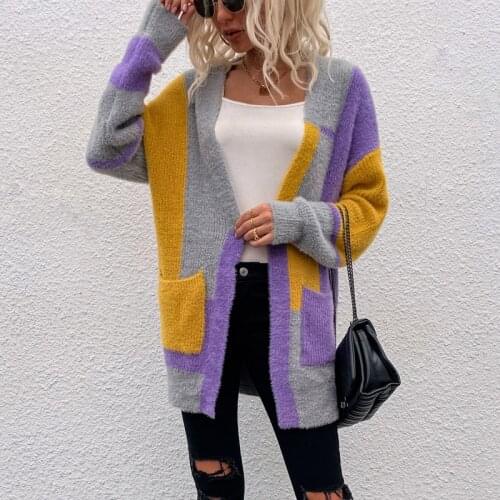 ZJZLL European American Style Autumn Winter Sweater Womens New Faux Mink Irregular Square Stitching Contrast Color Cardigan