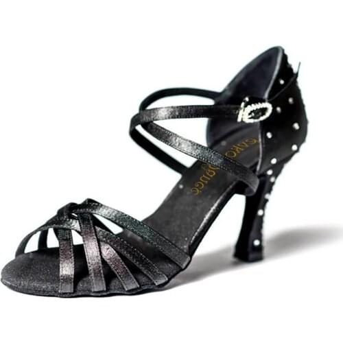 Professional Dance Shoes Woman Latin Salsa Dance Shoes 7cm Rhinestone Tango Shoes Women Satin Party Latin Dance Shoes Black Shoe