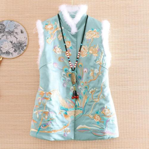 High-end Winter Women Rabbit fur Vest Top Chinese Style Retro Embroidery Phoenix Elegant Lady Vest Female S-XXL