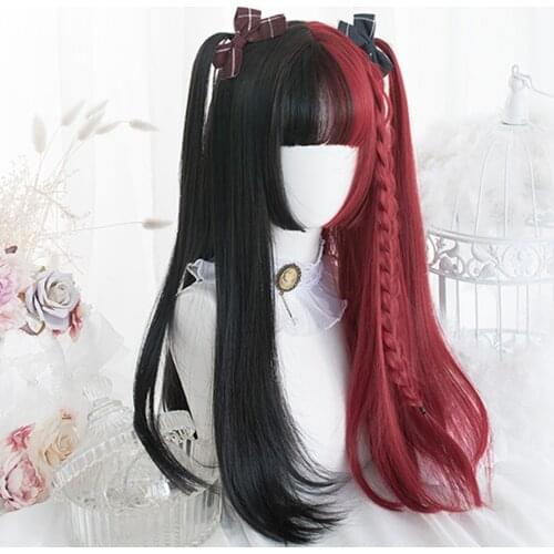 WTB Long Synthetic Wigs for Women Straight Half Red Half Black with Bangs Lolita Wig Heat Resistant Fiber Wigs Cosplay Wigs