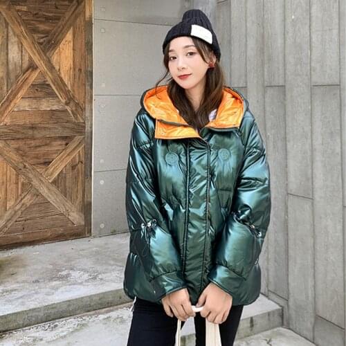 Womens Winter Jackets Shiny Solid Hooded Long Sleeve Ladies Casual Down Coat Loose Zipper Pockets Green Clothing for Female