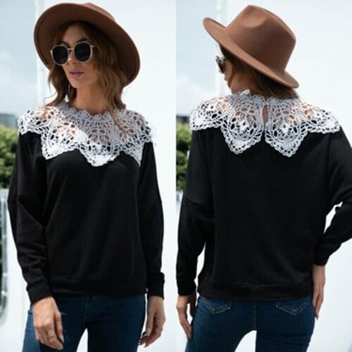 Womens Black Lace Pullover Hollow Sexy Stitching Top Fashion All-match Ladies Casual Loose T-shirt Harajuku Streetwear Autumn