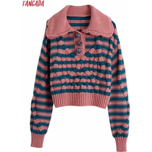 Tangada Women Striped Twist Oversized Knitted Sweater Jumper Turn Down Collar Female Pullovers BE307