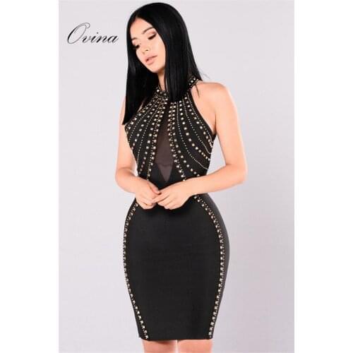 Fashion Women Dress Round Neck Sleeveless Beaded Backless Bodycon Bandage Dress