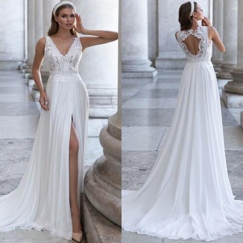 Beach Wedding Dress Sexy Split Chiffon Wedding Gowns Plus Size V-neck Sleeveless Lace Applique Robe De Mariage Bride Dresses