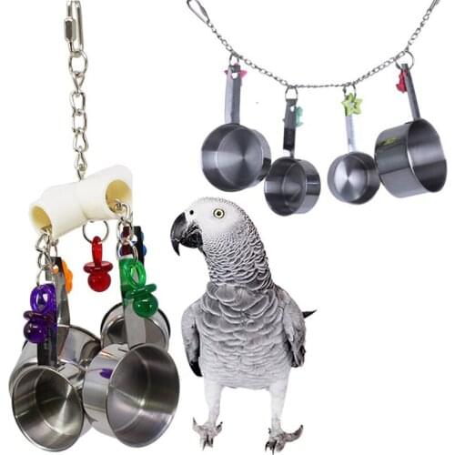 2021 Parrot Toy Stainless Steel 4 pots string Bird Chewing Bite Toys Pet Supplies Bird Cage Pendant Decor Bird Supplies