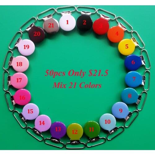 50pcs 1'' 25mm Enamel Round Suspender Clips,Pacifier Dummy Clips LEAD and NICKLE Free,Plastic Teeth Inserts,Mix 21 Colors