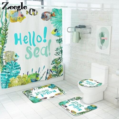 Absorbent Bath Mat Waterproof Shower Curtain Set Sea Style Bathroom Carpet Rug Anti-slip Toilet Seat Cover Mat Flannel Mat Set