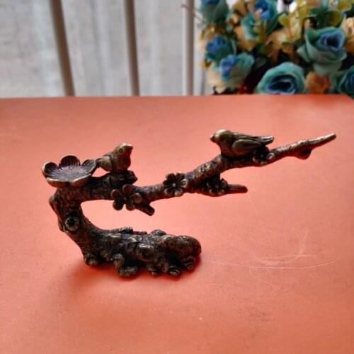 Antiques Chinese Old Bronze Handmade Carved Bird Plum Blossom Small Statues