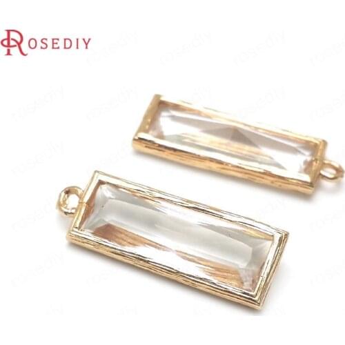 C605)10 pieces 26x9mm 24K Champagne Gold Color Brass + White Glass Faceted Rectangle Shape Charms Pendants Diy Jewelry Findings