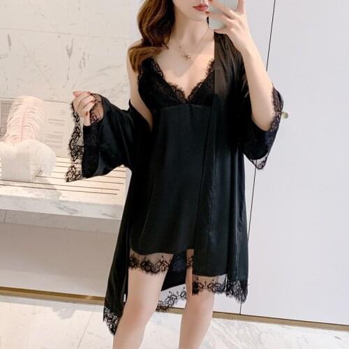 Spring Autumn New Nightgown 2Pcs Set with Chest Cushion Sexy Lace Sling Gown Bathrobe Drape Suit Homewear Lingerie Set with Robe