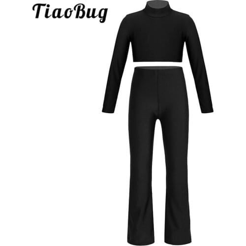 Kids Girls Solid Color Two-Piece Dancewear Long Sleeves Crop Top and Stretchy Flare Pants Modern Ballet Latin Jazz Dance Costume