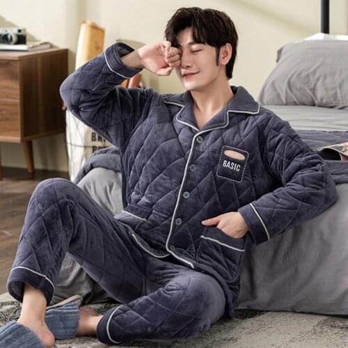 JULYS SONG Men Pajama Sets Flannel Thicken Winter Warm Sleepwear Suit Pyjamas For Man Casual Coral Fleece Sleep Homewear