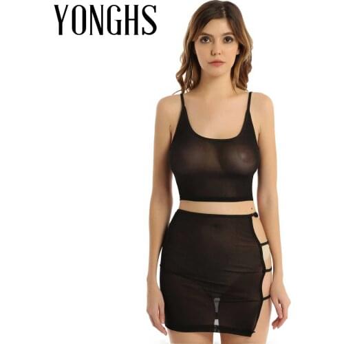 Womens Erotic See-through Lingerie Set Mesh Crop Top with Mini Skirt Nightwear Hollow Out Strappy Swimsuit Beachwear Clubwear