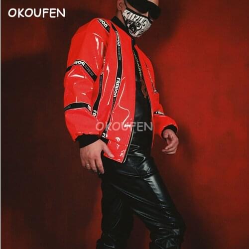 Fashion orange patent leather webbing jacket HIP-HOP dancer uniforms nightclub bar singer DJ DS costume