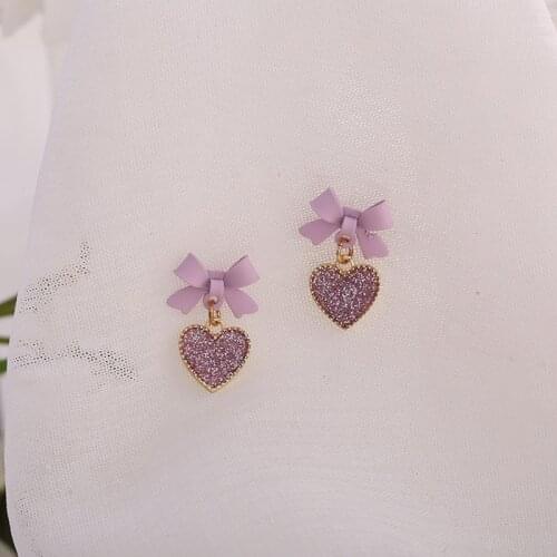 2021 New Korean style Purple Bow Sequin Love Heart Clip on Earrings Sweet Small Cute Heart-Shaped Clip Earrings For Women Decor
