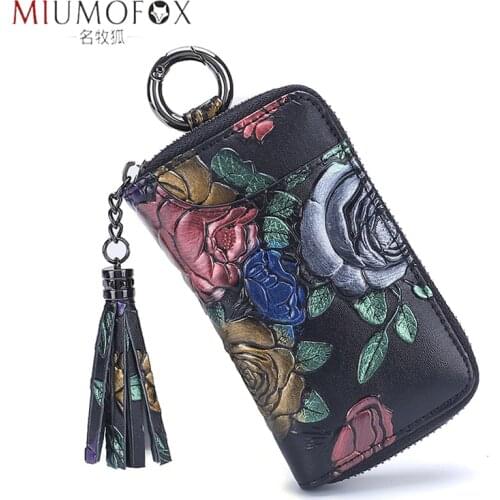 2021 New Painted Rose Genuine Leather Key Holder Pocket Wallet Keys Organizer Keychain for Men and Women Key Case Porta Llaves