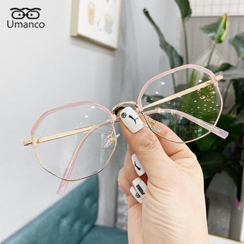 Umanco Fashion Myopia Glasses For Women Anti Blue Light Polygon Half-Frame Oversized Eyeglasses Metallic Frame AC Lens Computer