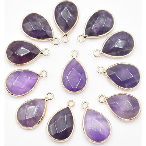 Wholesale 12pcs/lot New Natural amethysts section water drop shape gold color Connector pendants for jewelry making free