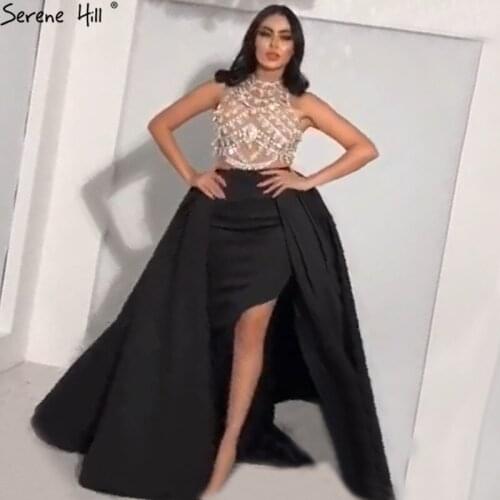 Serene Hill Black Diamond Perspective Sexy Satin Evening Dress Dubai Design Sleeveless Luxury Formal Party Gown 2020 CLA60972