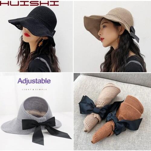 HUISHI Womens Summer Hat Foldable Open Top Straw Sun Hat For Women Bowknot Back Adjustable Wide Brim Beach Visor Cap Khaki Blue