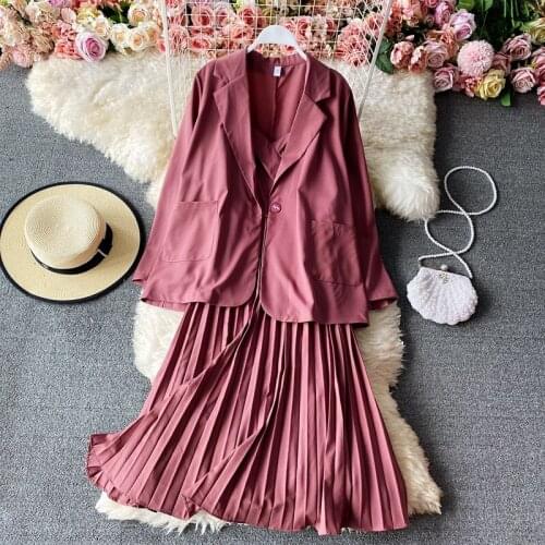 Spring autumn sets 2021 new women Korean fashion loose single button suit jacket + sling pleated dress casual two-piece suit 106