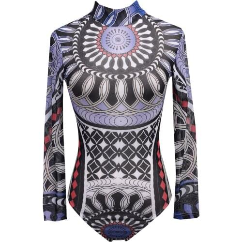Women Tatoo Tribal Print Strechy Bodysuit Lady Elegant Mesh Long Sleeve Skinny Print Bodysuit Autumn Sexy Casual Women Bodysuits