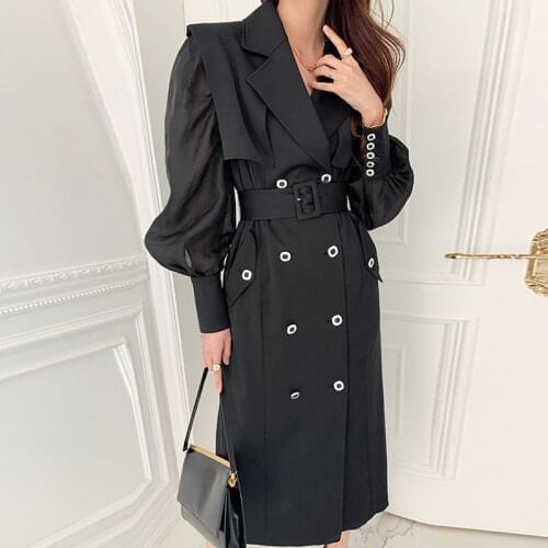 Autumn New Lantern Sleeve Woman Dress 2021 Vintage Office Double Breasted Midi Dress with Belt Notched Dresses YOU862